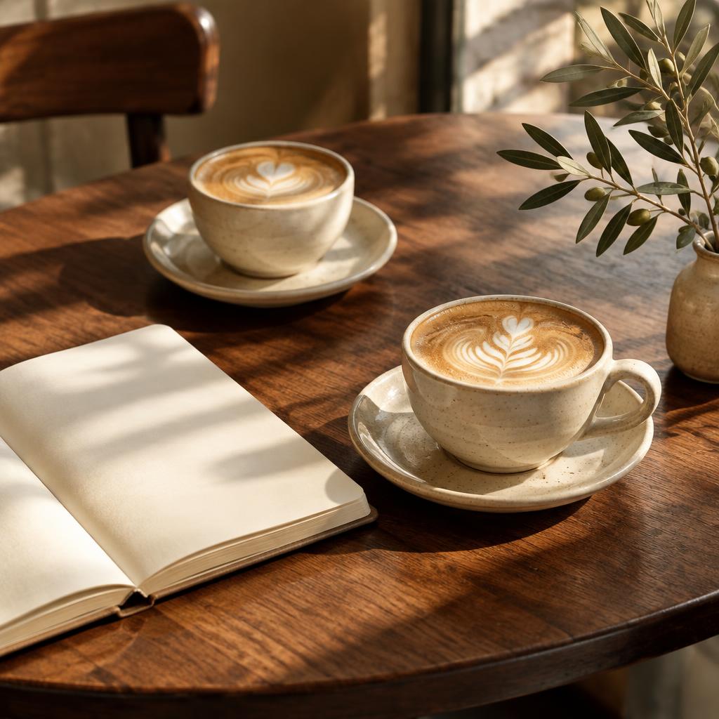Fresh coffees and an open notebook on a sunlit café table